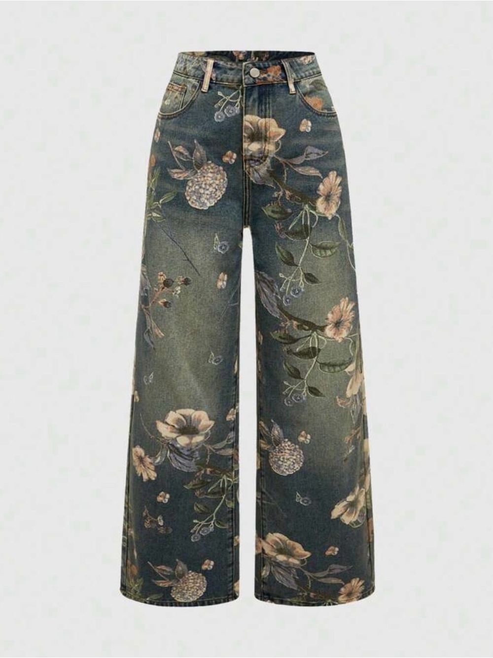 Floral Wide Leg Denim Jeans - Green Floral Print